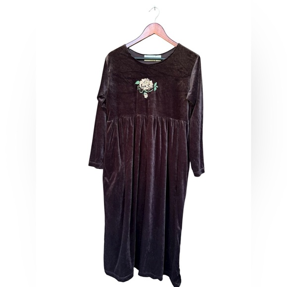 Vintage 90s Velveteen Babydoll Midi Dress Brown Embroidered Fairy Grunge Large - Picture 8 of 12